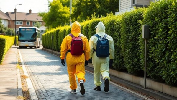 Ahrensburg emergency responders in hazmat suits near bus.