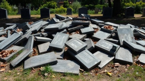 Recycling von Grabsteinen: Pile of old tombstones on the ground.
