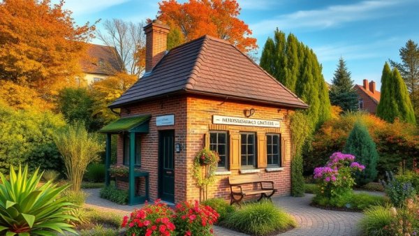Autumn garden with 'Käthe-Ring' building. Rechtliche Neuregelung Käthe-Ring.