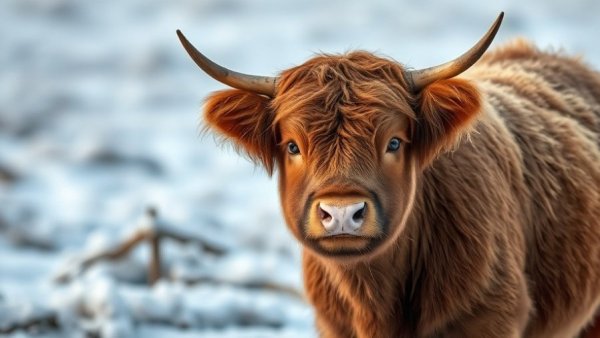 Frosty landscape with a curious brown calf in Schleswig-Holstein