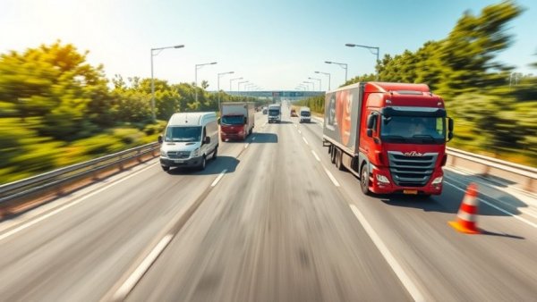 Busy highway scene depicting speed and traffic regulations.