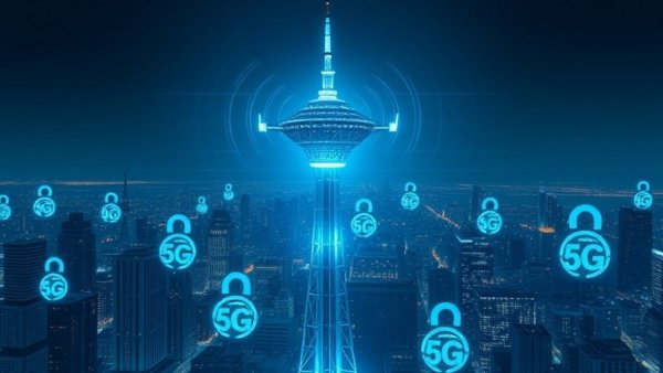 Futuristic 5G tower in digital cityscape, 5G Frequenzvergabe