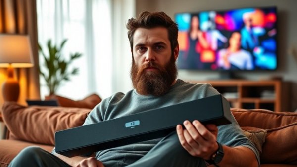 Man showcasing a soundbar in a modern living room, beste Soundbars 2025.