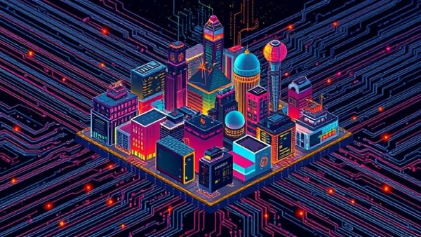 Futuristic city on a microchip, illustrating digital rights and future concepts.