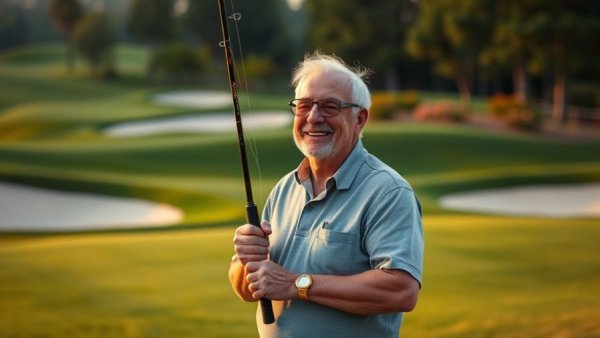 Älterer Mann angelt auf Golfplatz, Abendstimmung.