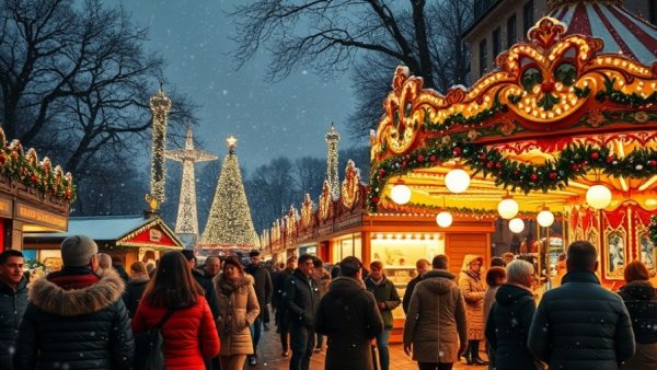 Weihnachtsmärkte Stormarn 2025 night scene with festive lights and people.