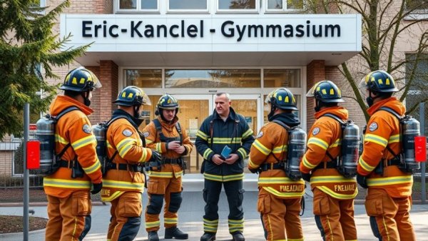Firefighters at the entrance of Eric-Kandel-Gymnasium Ahrensburg.