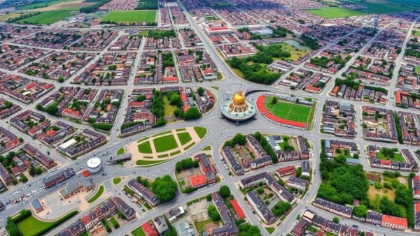 Aerial view of Flächennutzungsplan Ahrensburg, showing mixed-use urban landscape.