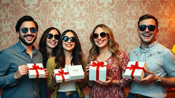 Group with Cartier gifts at Strandhörn Sylt event, vibrant setting.