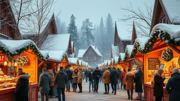 Weihnachtsmarkt 2025 im Norden, snowy market scene with festive crowd.