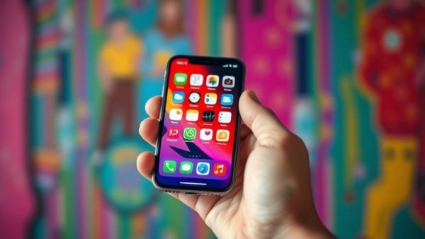 High-resolution photo of a small smartphone held in hand against colorful background.