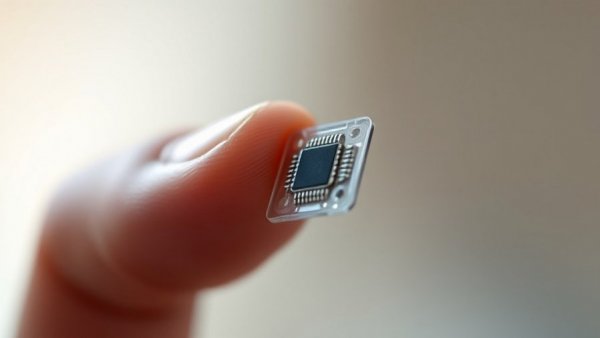 RFID-Chip in close-up held by fingers, macro view