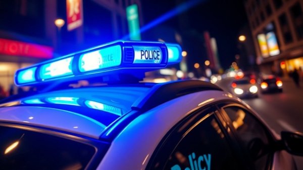 Police vehicle at night with blue lights in a city, relating to illegales Glücksspiel Schleswig-Holstein.