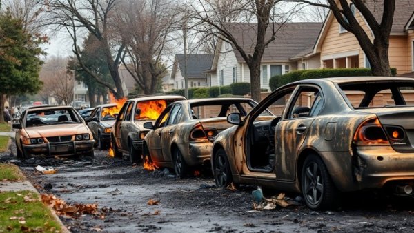 Fire-damaged cars in Neumünster from arson in a residential area.