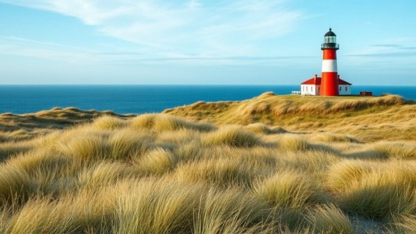 Dunes and lighthouse near Luxushotels Sylt with ocean view.