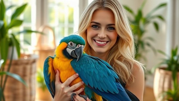 Blonde woman with macaw in indoor setting, Handaufzucht von Aras theme.