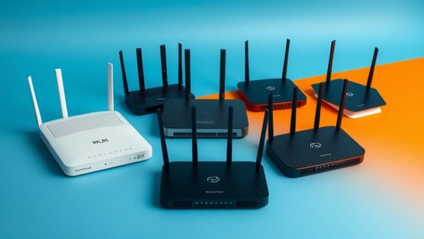 Assorted WLAN routers on colorful background, showcasing modern designs for WLAN-Mesh-Systeme mit Wifi 7.