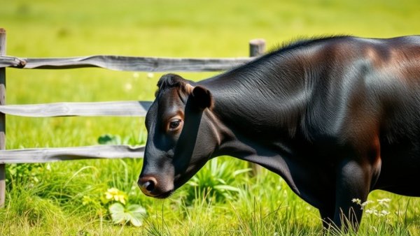 Graceful black cow grazing in lush meadow.