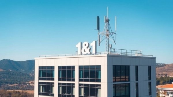 Übernahme von Versatel durch 1&1: 1&1 logo on building with mobile antenna.