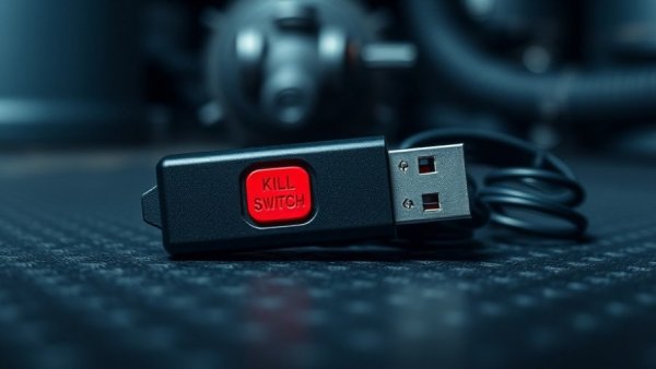 Stylish USB-Stick mit Kill-Switch and industrial background.