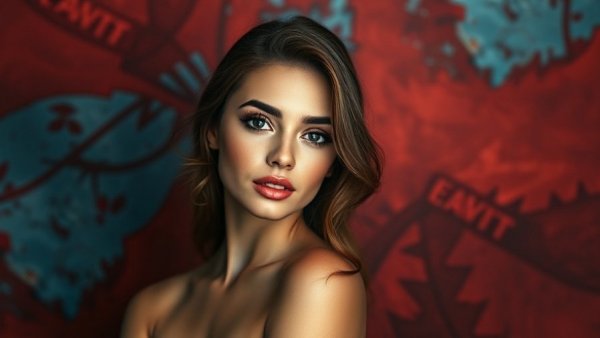 Elegant young woman with confident pose against vibrant backdrop.