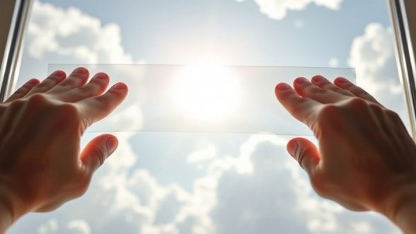 Hands applying film to window with bright sky and clouds.
