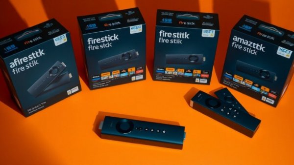 Amazon Fire TV Stick 4K packages and remotes on orange background.