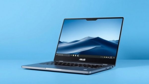 Chromebook Plus CX14 on a blue background showcasing a scenic wallpaper.
