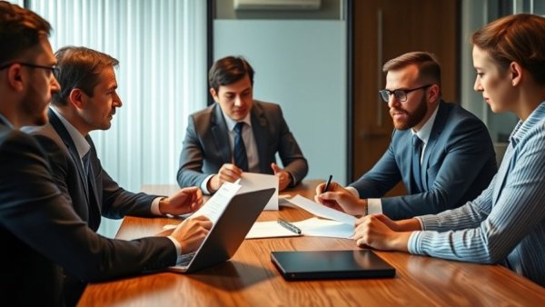 Business meeting discussing AI liability with digital tools.