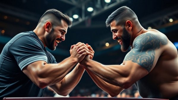 Intense arm wrestling match in Welt des Armwrestlings setting.