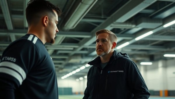 Two men in Helsinki bunker sports facility, discussing plans.