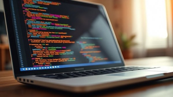 Laptop on desk displaying colorful code, Datenschutz Codeformatter theme.