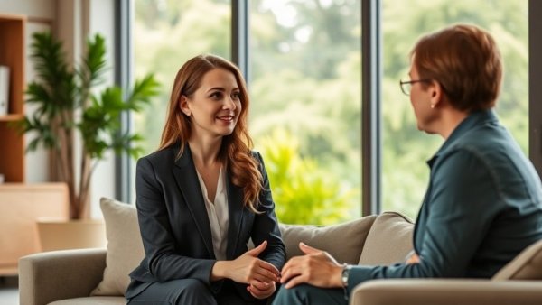 Woman discussing dementia care in a living room setting.