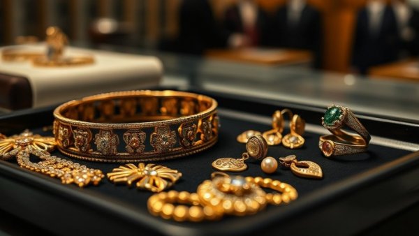 Assorted jewelry in Pfandleihhaus Hamburg display.