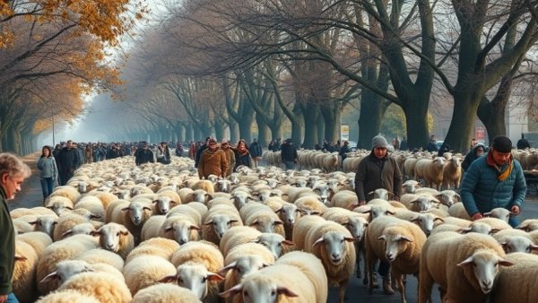 People guiding sheep to winter quarters through tree-lined street.