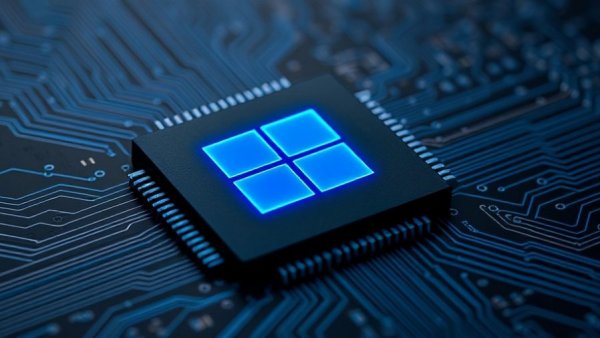 Futuristic microchip with Windows logo, symbolizing secure use of Microsoft 365.