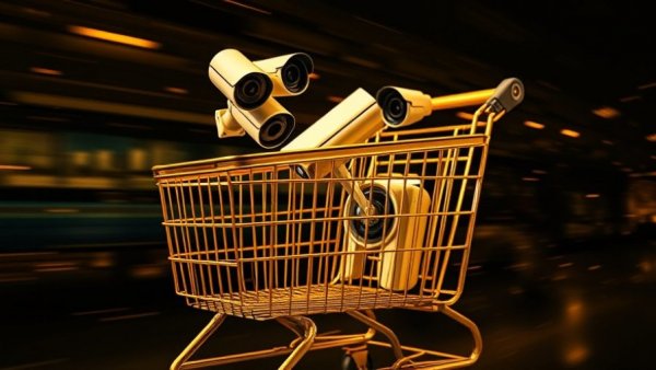 Golden cart with security cameras, Black Friday deals.