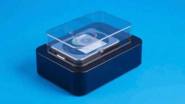 Black hard drive docking station with transparent cover showcasing a silver hard drive on a blue background for Festplatten-Dockingstation Black Friday 2025.