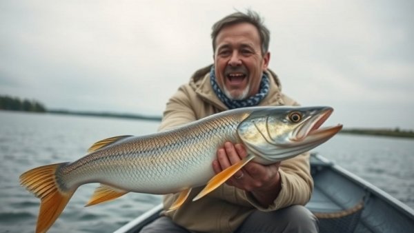 Man catching a pike fish in autumn, focusing on the fishing net and water.