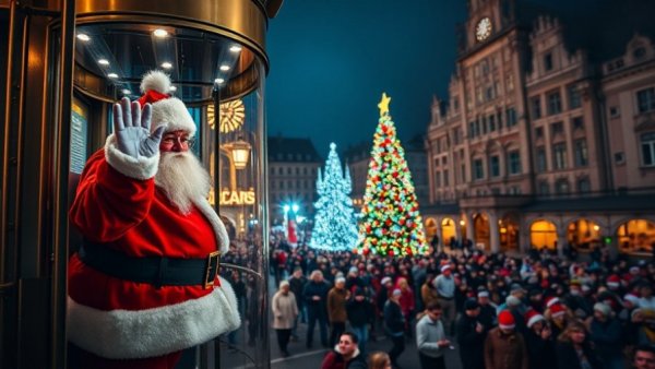 Weihnachtsmannwecken Bad Oldesloe festival with Santa Claus waving from a lift.