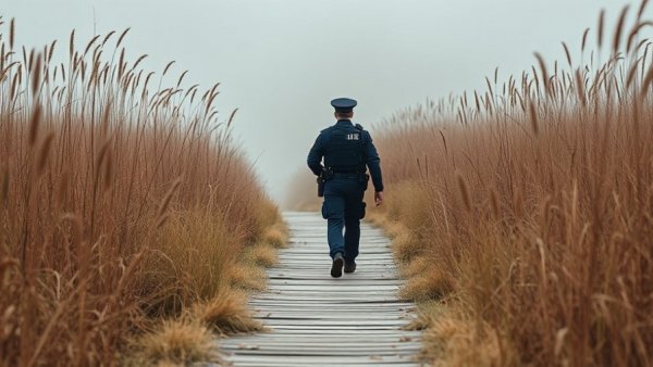 Leichenfund Bad Oldesloe: Police officer walks on a wooden path through a grassy field.