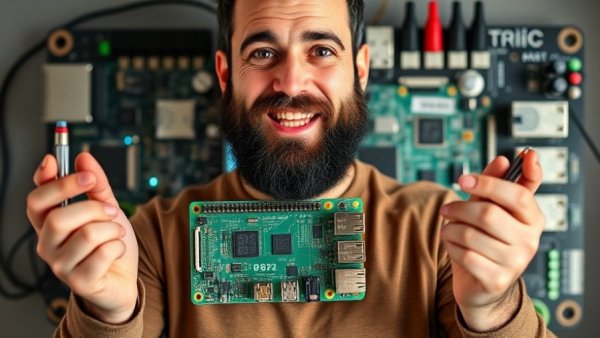 Enthusiastic man holds Raspberry Pi components, home network tuning concept.