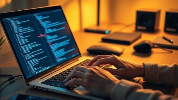 Hands typing code on laptop, highlighting E-Learning Rabatte Black Week.