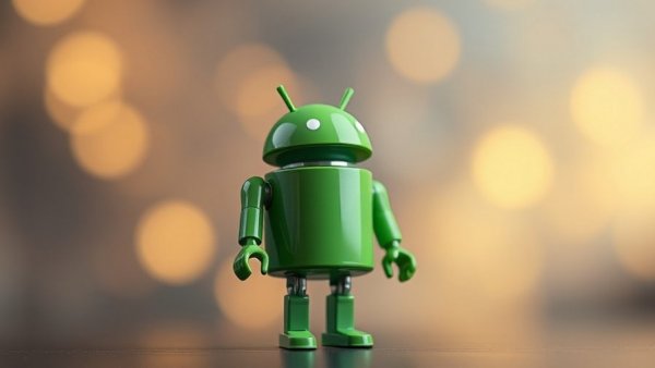 Android figurine symbolizing 'Android Trojaner versteckt' with a blurred bokeh backdrop.