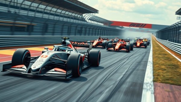 Dynamic Formula 1 cars racing, intense competition and speed.