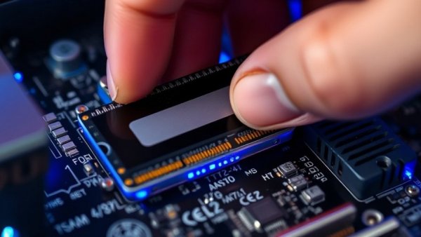 Close-up of hand inserting RAM on motherboard with blue lighting.