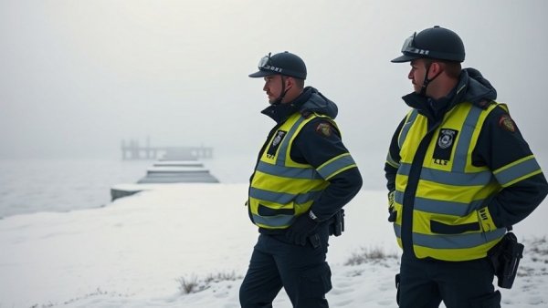 Polize officers observing icy Steinhuder Meer