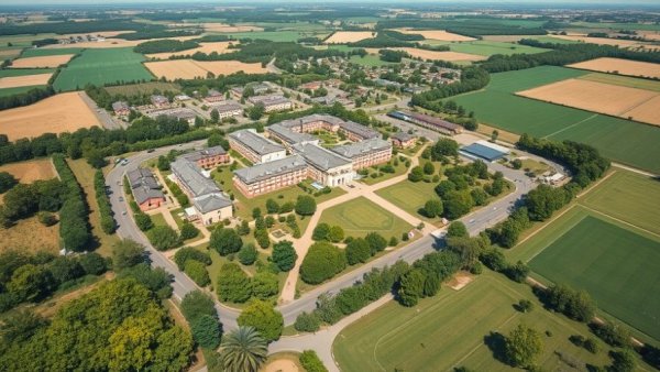 Aerial view of school campus in Barsbüttel, surrounded by fields and greenery.