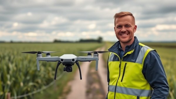 Man in high-visibility jacket with a drone near Stormarn field.
