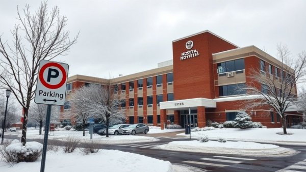 Hospital exterior with snow and no parking sign, suggesting 'Alternativen zur stationären Versorgung'.
